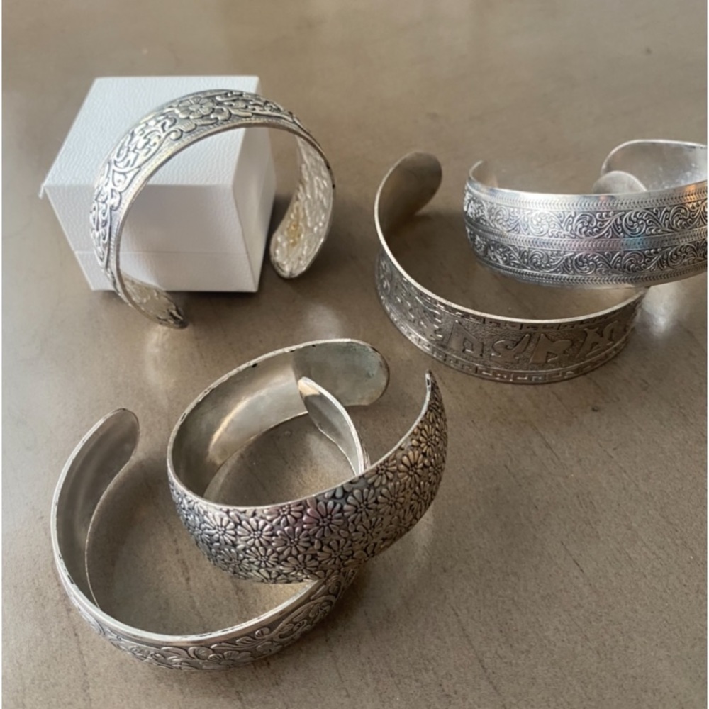 Set of 5 Silver Wide Cuff Stacking Bracelets Adjustable